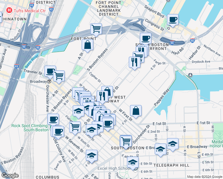 map of restaurants, bars, coffee shops, grocery stores, and more near 350 D Street in Boston