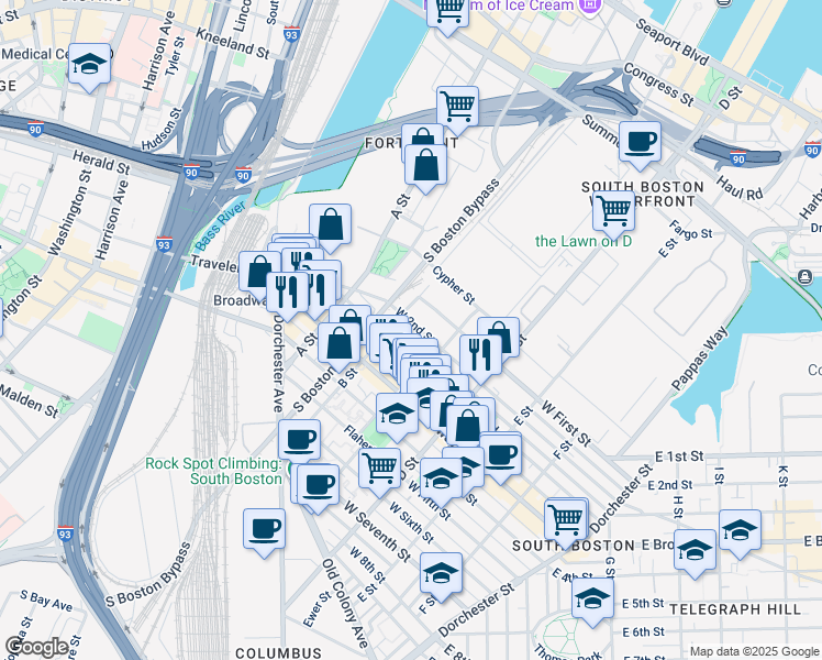 map of restaurants, bars, coffee shops, grocery stores, and more near 154 West 2nd Street in Boston