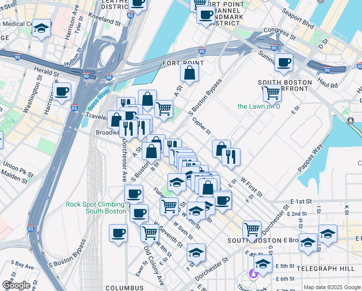 map of restaurants, bars, coffee shops, grocery stores, and more near 154 West 2nd Street in Boston