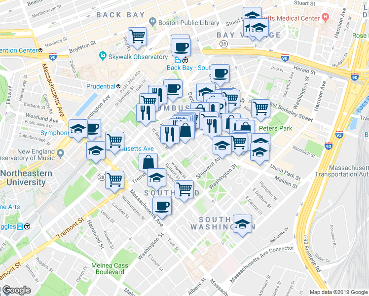 map of restaurants, bars, coffee shops, grocery stores, and more near 83 Pembroke Street in Boston