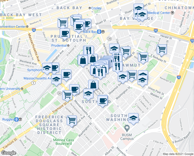 map of restaurants, bars, coffee shops, grocery stores, and more near 83 Pembroke Street in Boston
