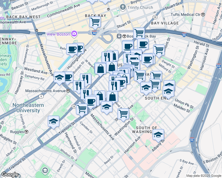 map of restaurants, bars, coffee shops, grocery stores, and more near 136 West Newton Street in Boston