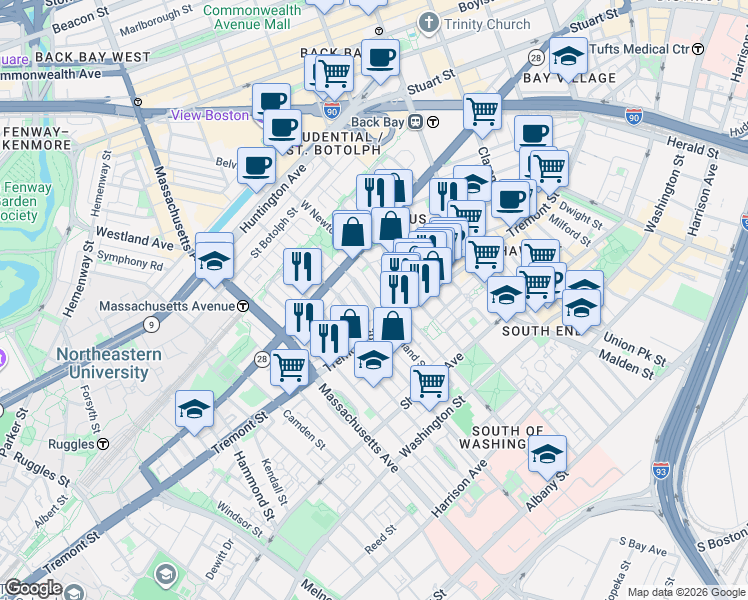 map of restaurants, bars, coffee shops, grocery stores, and more near 136 West Newton Street in Boston