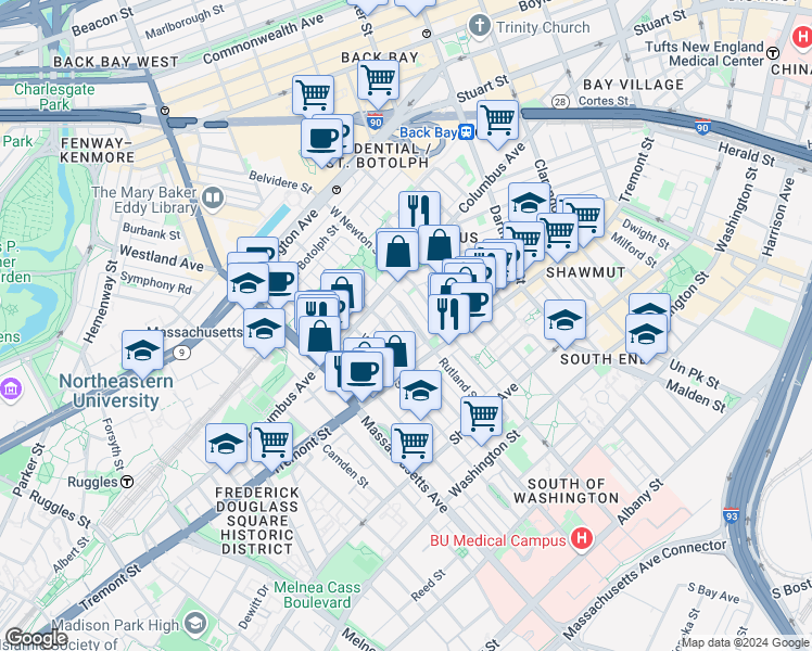 map of restaurants, bars, coffee shops, grocery stores, and more near 43 Public Alley 502 in Boston