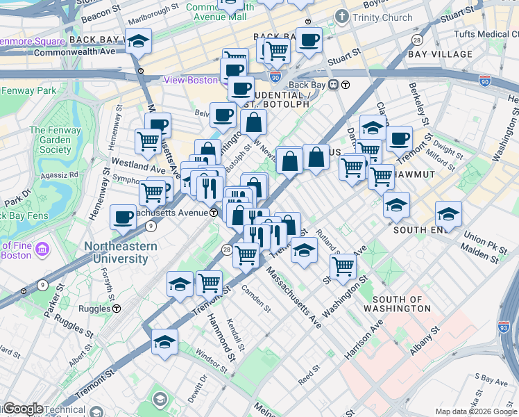map of restaurants, bars, coffee shops, grocery stores, and more near 525 A Columbus Avenue in Boston