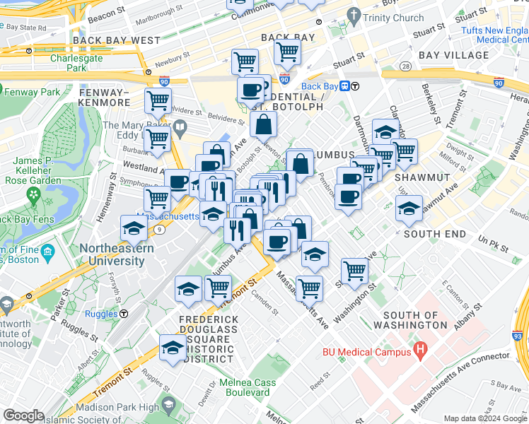 map of restaurants, bars, coffee shops, grocery stores, and more near 525 A Columbus Avenue in Boston