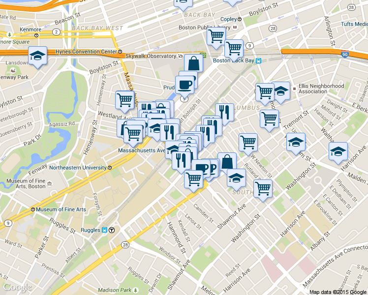 map of restaurants, bars, coffee shops, grocery stores, and more near 23 Wellington Street in Boston