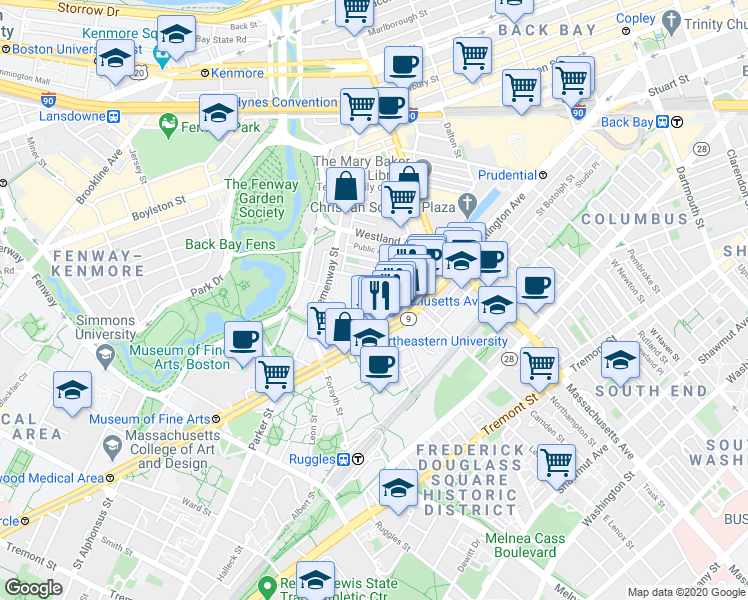 map of restaurants, bars, coffee shops, grocery stores, and more near 77 Saint Stephen Street in Boston