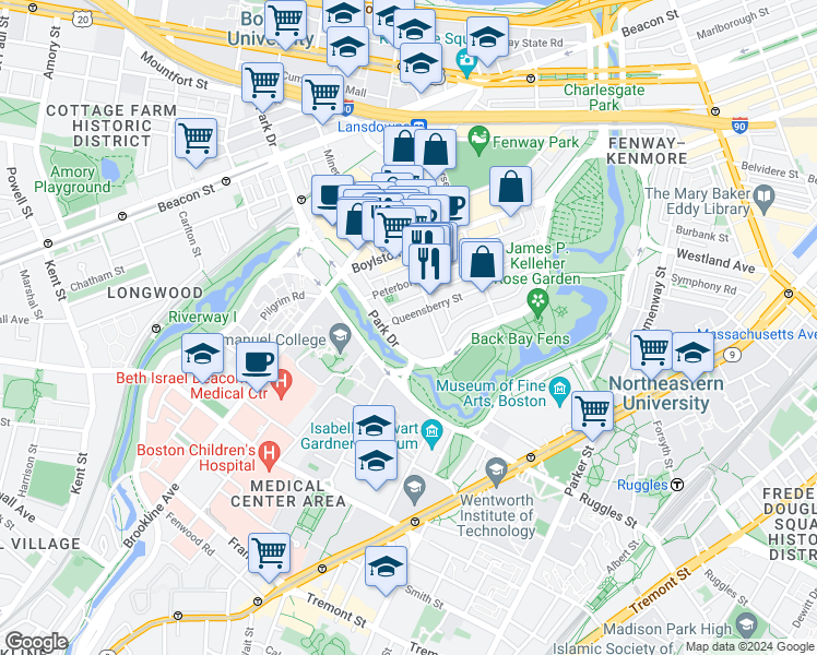 map of restaurants, bars, coffee shops, grocery stores, and more near 105 Queensberry Street in Boston