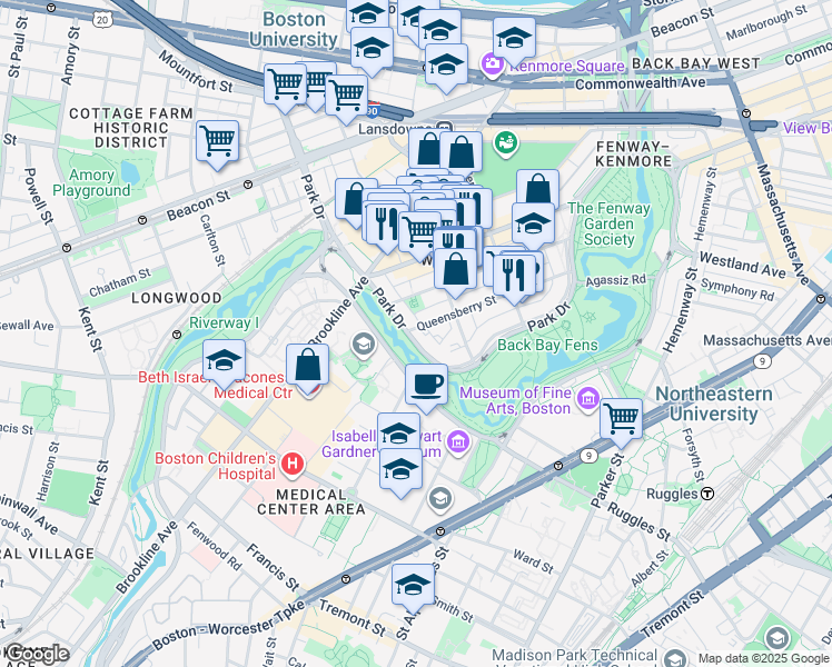 map of restaurants, bars, coffee shops, grocery stores, and more near 105 Queensberry Street in Boston