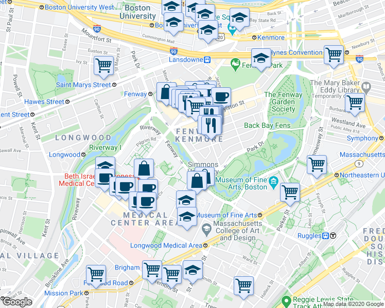 map of restaurants, bars, coffee shops, grocery stores, and more near 231 Park Drive in Boston