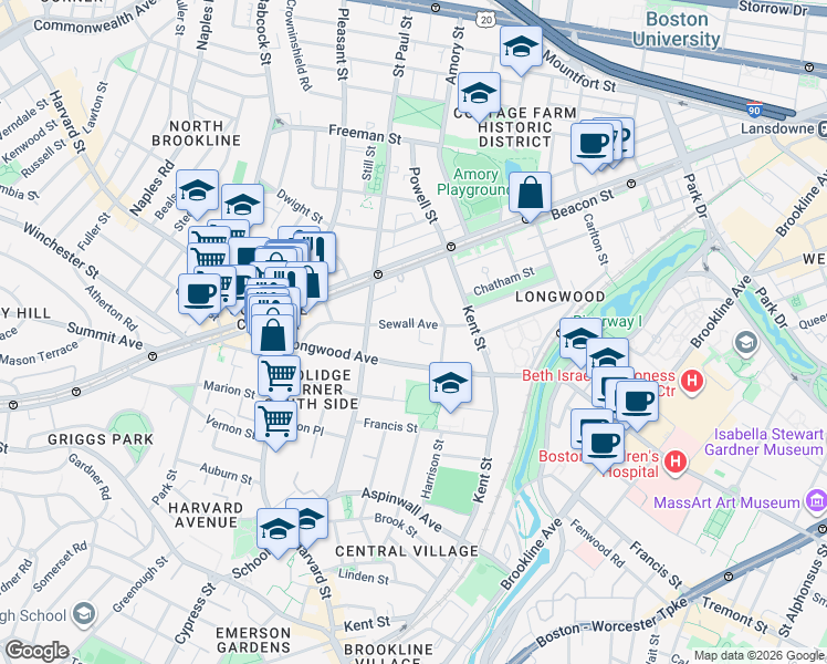 map of restaurants, bars, coffee shops, grocery stores, and more near 138 Sewall Avenue in Brookline
