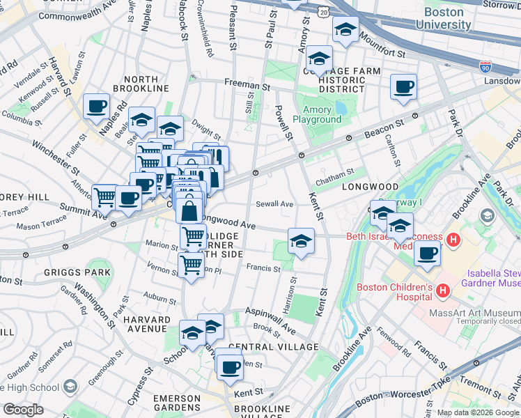 map of restaurants, bars, coffee shops, grocery stores, and more near 102 Sewall Avenue in Brookline
