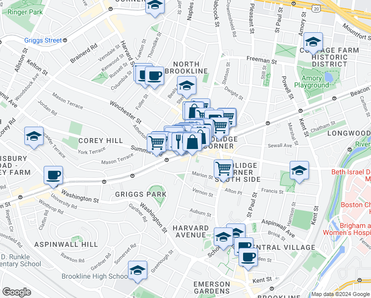 map of restaurants, bars, coffee shops, grocery stores, and more near in Brookline