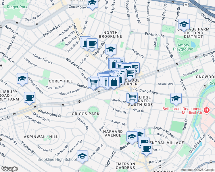 map of restaurants, bars, coffee shops, grocery stores, and more near in Brookline