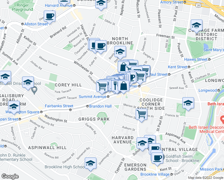 map of restaurants, bars, coffee shops, grocery stores, and more near 24 Winchester Street in Brookline