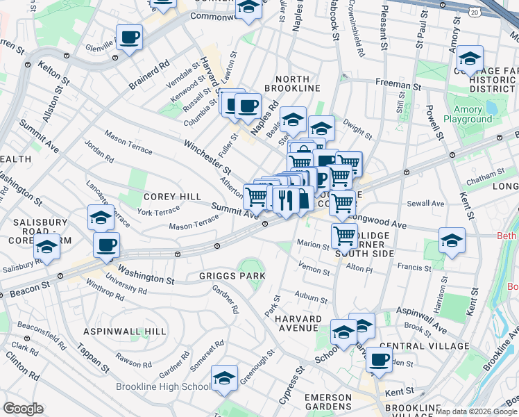 map of restaurants, bars, coffee shops, grocery stores, and more near 24 Winchester Street in Brookline