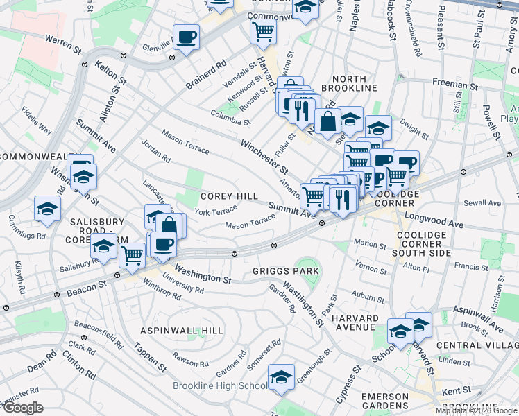 map of restaurants, bars, coffee shops, grocery stores, and more near 90 Summit Avenue in Brookline