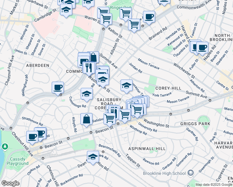 map of restaurants, bars, coffee shops, grocery stores, and more near 28 Bartlett Crescent in Brookline
