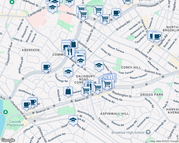 map of restaurants, bars, coffee shops, grocery stores, and more near 28 Bartlett Crescent in Brookline