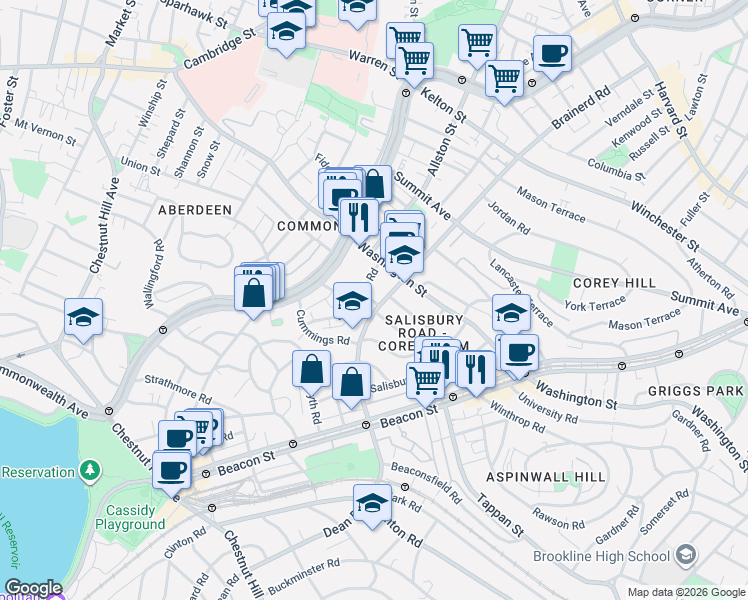 map of restaurants, bars, coffee shops, grocery stores, and more near 19 Mount Hood Road in Boston