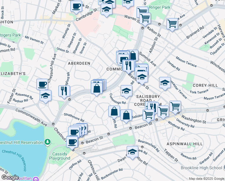 map of restaurants, bars, coffee shops, grocery stores, and more near 1665 Commonwealth Avenue in Boston