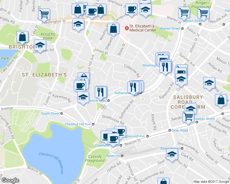 map of restaurants, bars, coffee shops, grocery stores, and more near 14 Leamington Road in Boston