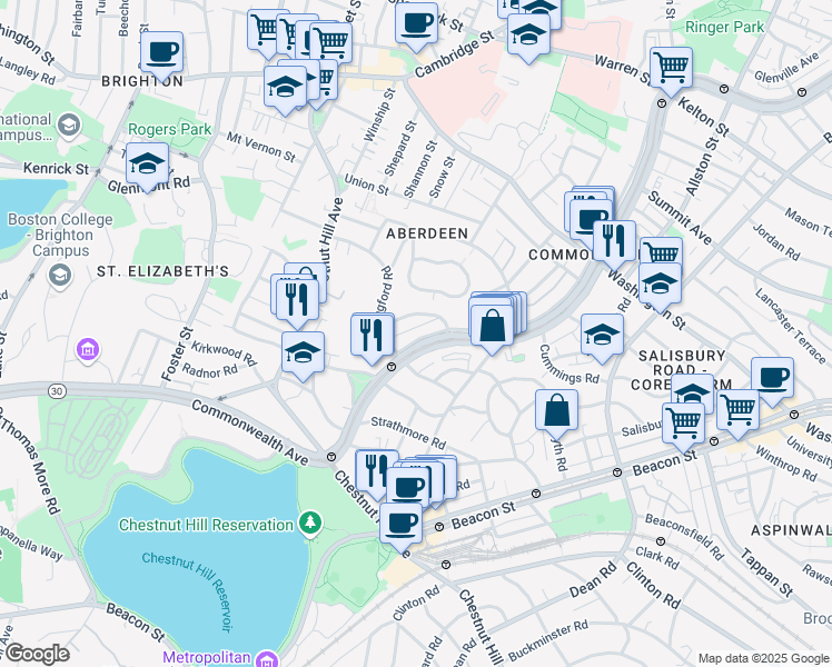 map of restaurants, bars, coffee shops, grocery stores, and more near 14 Leamington Road in Boston