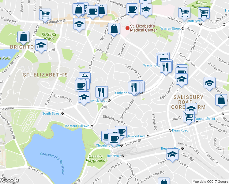 map of restaurants, bars, coffee shops, grocery stores, and more near 14 Leamington Road in Boston