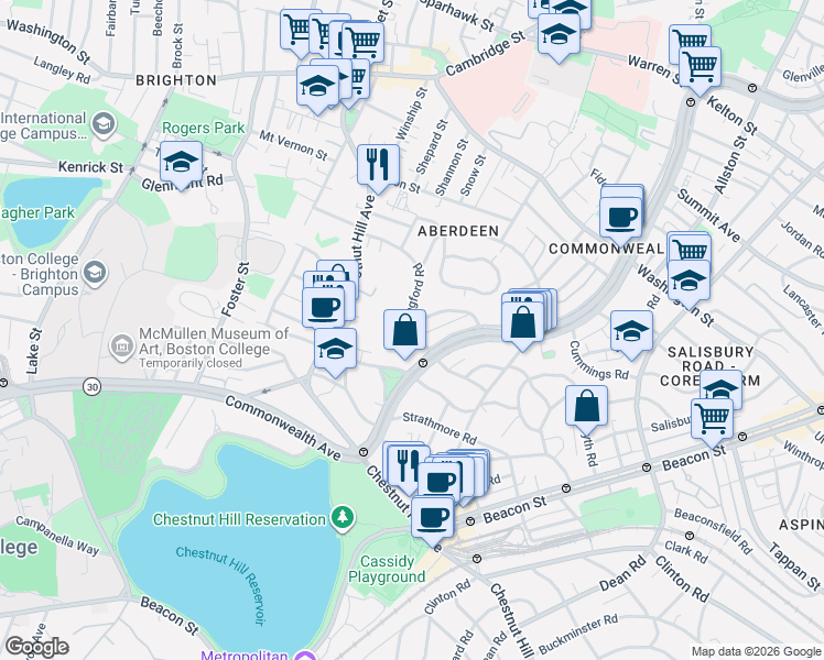map of restaurants, bars, coffee shops, grocery stores, and more near 59 Leamington Road in Boston