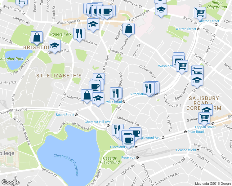 map of restaurants, bars, coffee shops, grocery stores, and more near 30 Wallingford Road in Boston