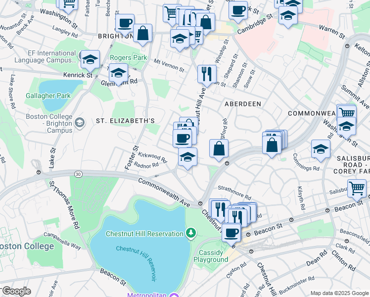 map of restaurants, bars, coffee shops, grocery stores, and more near 150 Chestnut Hill Avenue in Boston