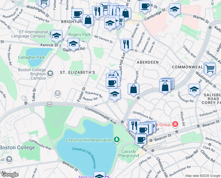 map of restaurants, bars, coffee shops, grocery stores, and more near 25 Embassy Road in Boston
