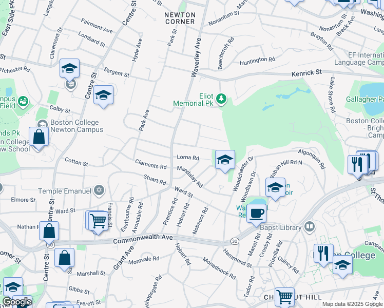 map of restaurants, bars, coffee shops, grocery stores, and more near 40 Montrose Street in Newton