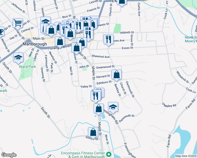 map of restaurants, bars, coffee shops, grocery stores, and more near 146 Maple Street in Marlborough