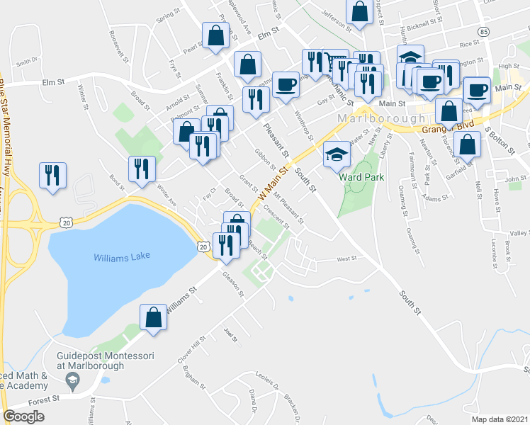 map of restaurants, bars, coffee shops, grocery stores, and more near 16 Crescent Street in Marlborough
