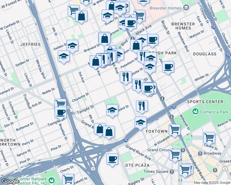 map of restaurants, bars, coffee shops, grocery stores, and more near 408 Temple Street in Detroit