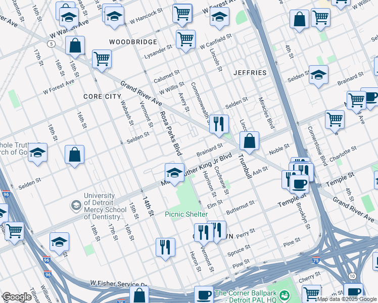 map of restaurants, bars, coffee shops, grocery stores, and more near 1830 Magnolia Street in Detroit