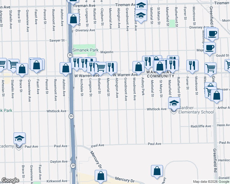 map of restaurants, bars, coffee shops, grocery stores, and more near 6850 Abington Avenue in Detroit