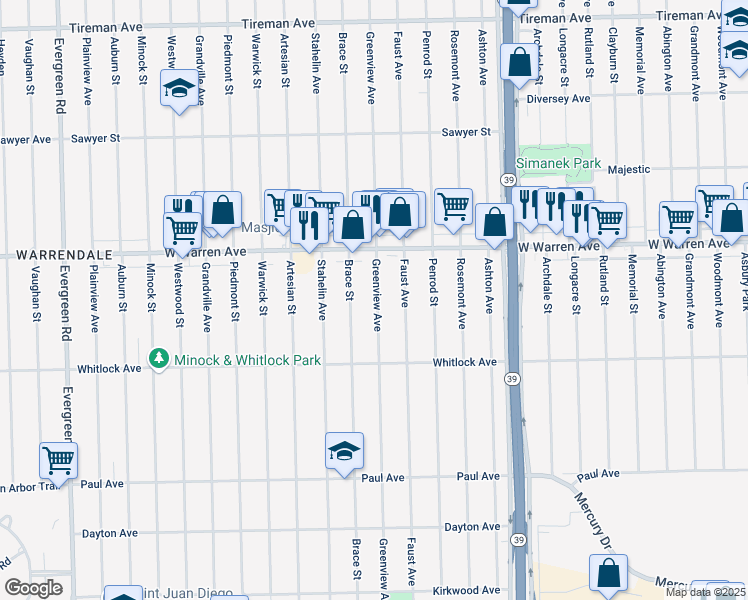 map of restaurants, bars, coffee shops, grocery stores, and more near 6866 Greenview Avenue in Detroit