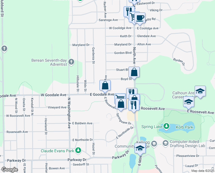 map of restaurants, bars, coffee shops, grocery stores, and more near 25 Redner Avenue in Battle Creek