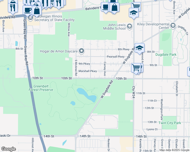 map of restaurants, bars, coffee shops, grocery stores, and more near 2309 Marshall Parkway in Waukegan