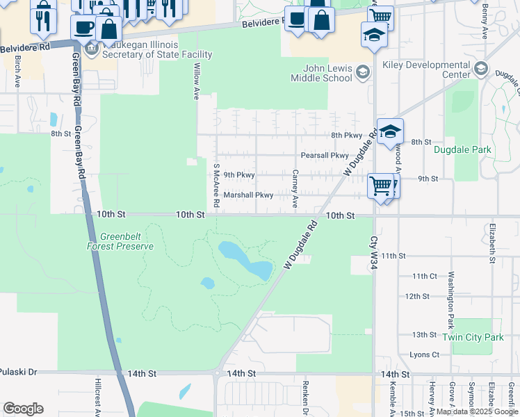 map of restaurants, bars, coffee shops, grocery stores, and more near 2309 Marshall Parkway in Waukegan