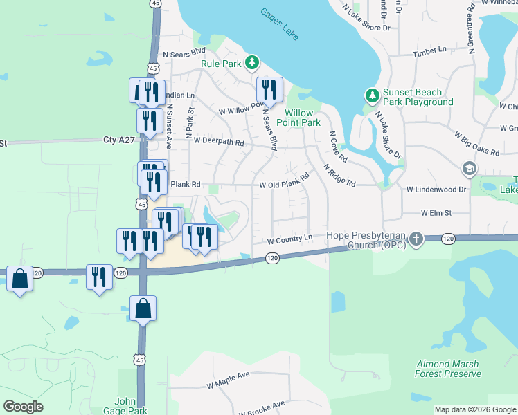 map of restaurants, bars, coffee shops, grocery stores, and more near 32983 North Sears Boulevard in Grayslake