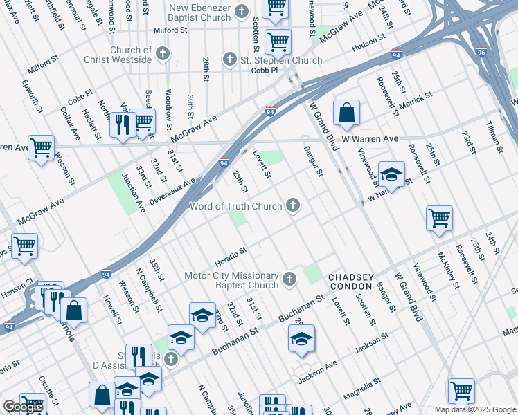 map of restaurants, bars, coffee shops, grocery stores, and more near 5000 28th Street in Detroit