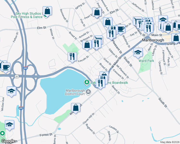map of restaurants, bars, coffee shops, grocery stores, and more near 45 Lakeside Avenue in Marlborough
