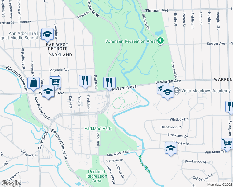 map of restaurants, bars, coffee shops, grocery stores, and more near 21655 West Warren Street in Dearborn Heights