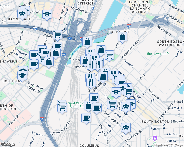 map of restaurants, bars, coffee shops, grocery stores, and more near 45 West Broadway in Boston