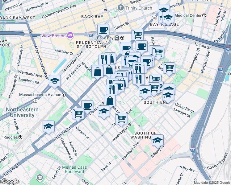 map of restaurants, bars, coffee shops, grocery stores, and more near 83 Pembroke Street in Boston