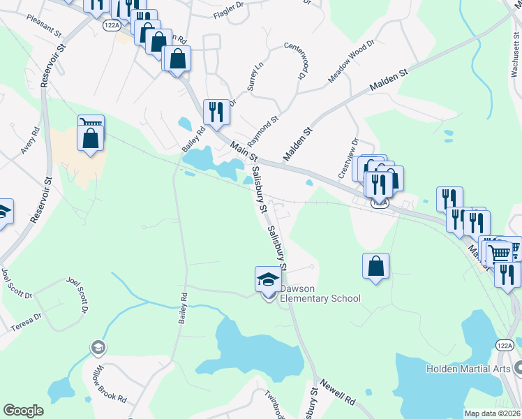 map of restaurants, bars, coffee shops, grocery stores, and more near 54 Salisbury Street in Holden